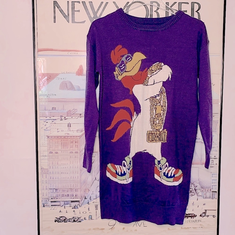 Moschino Fall 2015 Loony Tunes Foghorn Leghorn purple wool sweater dress size S